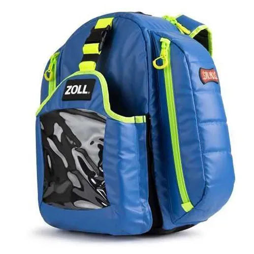 Blue and green backpack with ZOLL logo on a white background