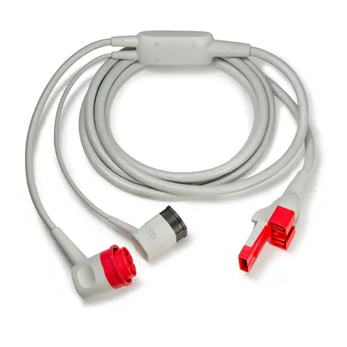 A ZOLL Medical cable with red connectors and a single black connector on a white background.