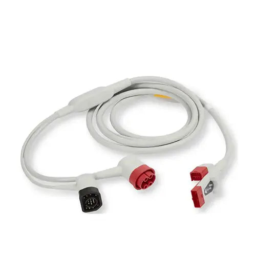 A ZOLL Medical white cable with two red connectors and one black connector OneStep pacing cable.