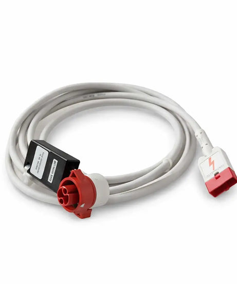 A ZOLL Medical cable with red and white connectors on a white background.