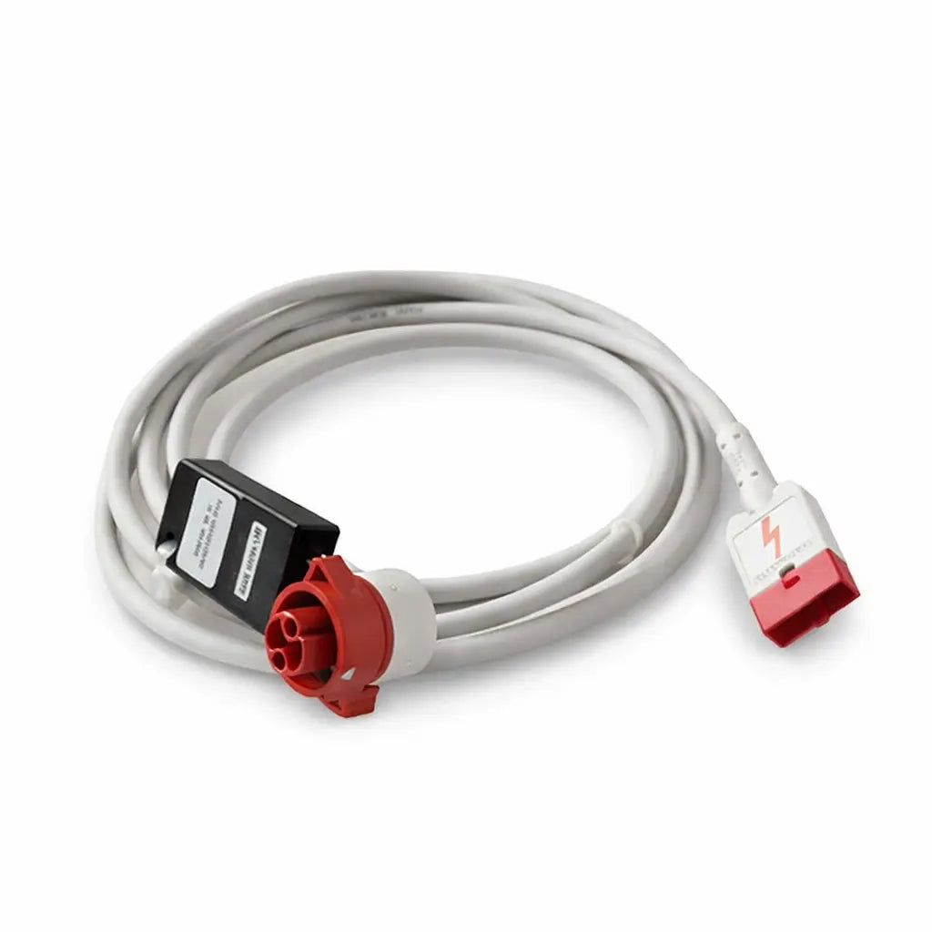 A ZOLL Medical cable with red and white connectors on a white background.