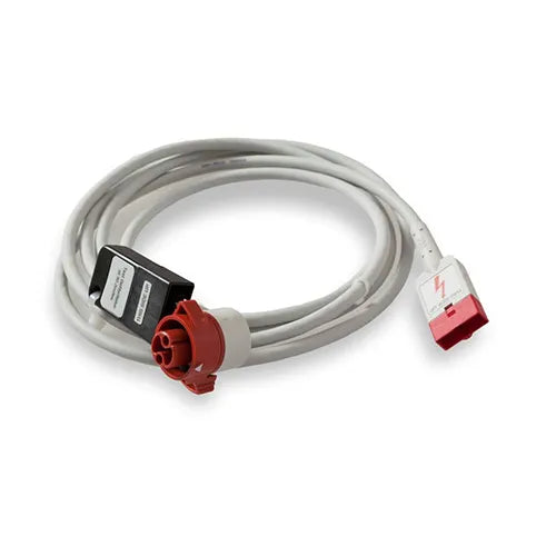 Medical cable with red connector on a white background
