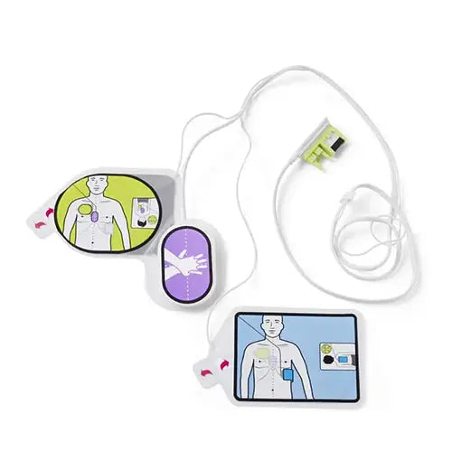 AED training electrode pads with placement diagrams and connector cable for defibrillator practice.