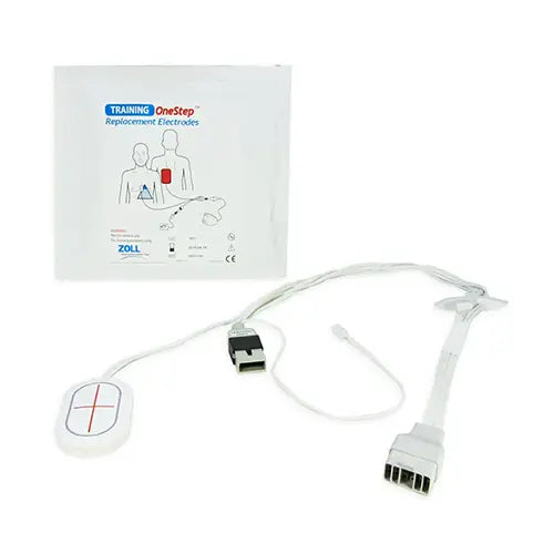ZOLL OneStep AED training replacement electrodes with connector cable and packaging.