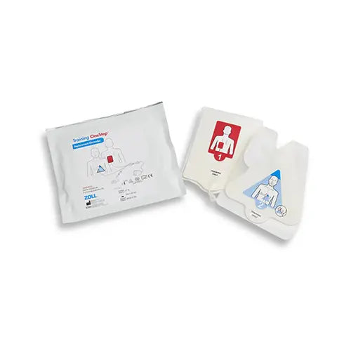 ZOLL AED training pads with adult chest placement graphics and sealed training pad package.