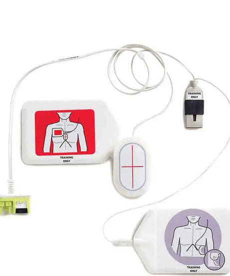 A ZOLL Medical defibrillator with electrodes and training mode. indicator.