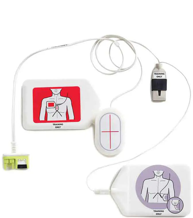 A ZOLL Medical defibrillator with electrodes and training mode. indicator.