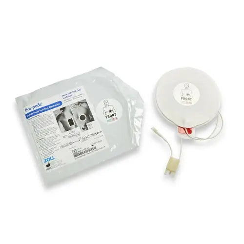 ZOLL AED Plus Defibrillator pad set with packaging on a white background.