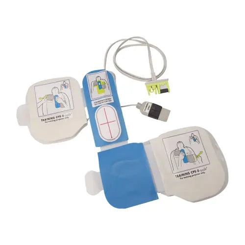 ZOLL CPR-D-padz reusable AED training pads with chest placement graphics and lead wire connector.