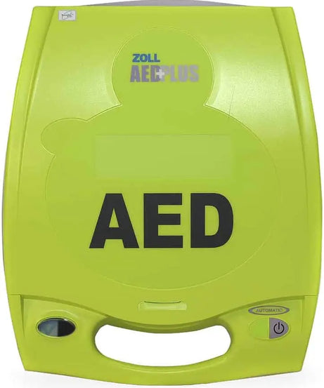 ZOLL AED Plus automatic external defibrillator with bright green carry case and front handle.