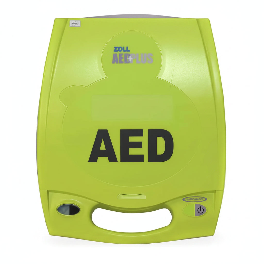 ZOLL AED Plus automatic external defibrillator with bright green carry case and front handle.