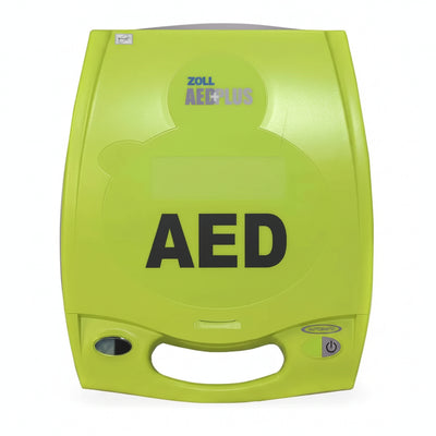 ZOLL AED Plus automatic external defibrillator with bright green carry case and front handle.