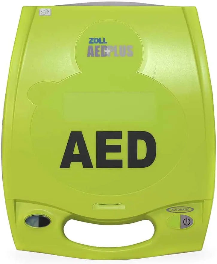 ZOLL AED Plus automatic external defibrillator with bright green carry case and front handle.