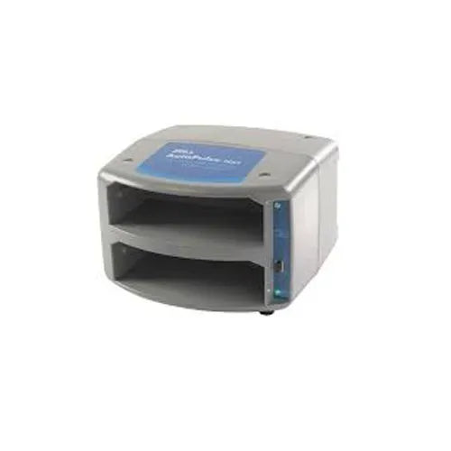 Gray electronic device with a blue label on a white background