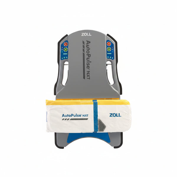 Zoll AutoPulse NXT automatic blood pressure cuff shown from the front, featuring a gray upper section with black side supports, blue control buttons, and a white lower cuff section with yellow and blue accents.