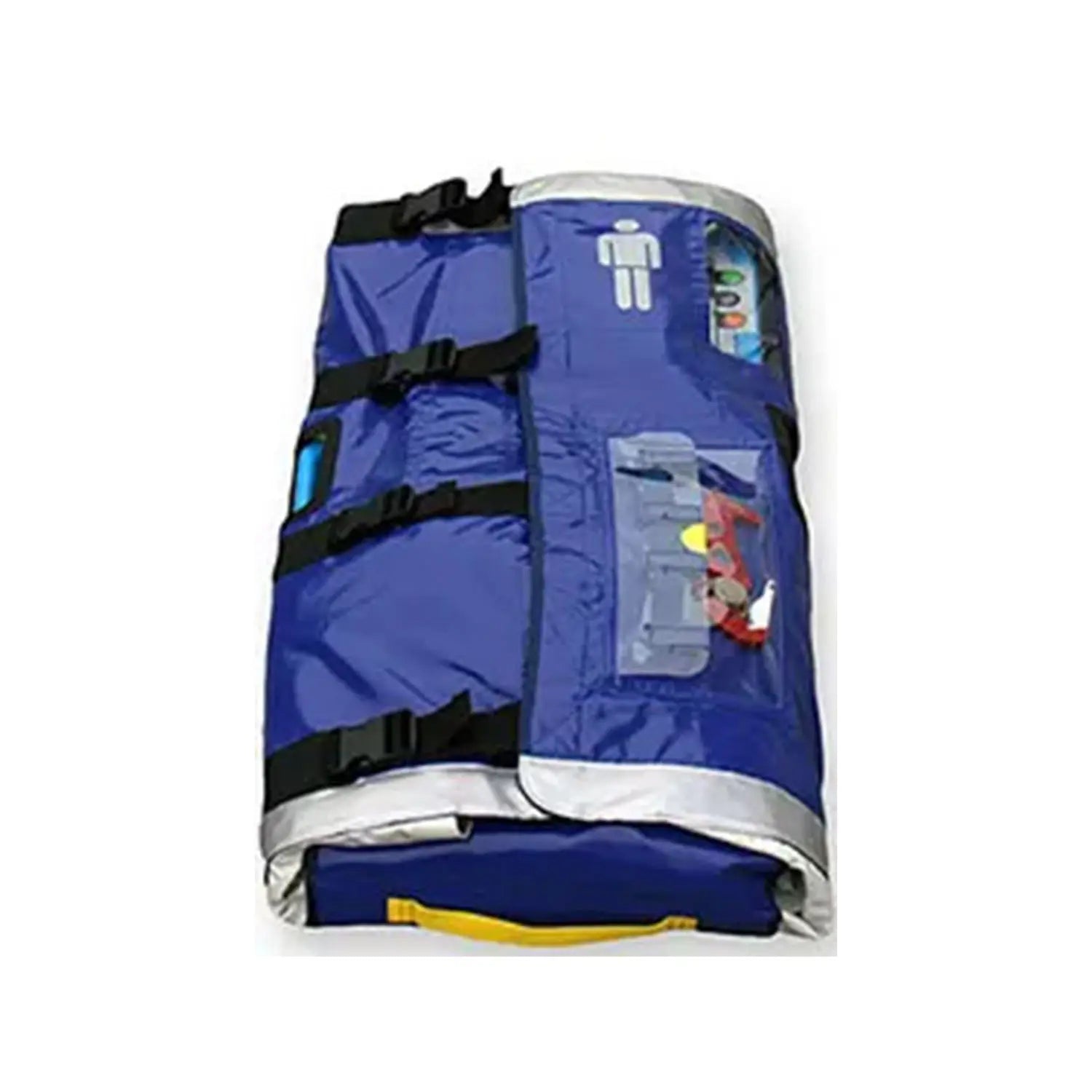 Blue and white medical roll matt with straps on a white background.