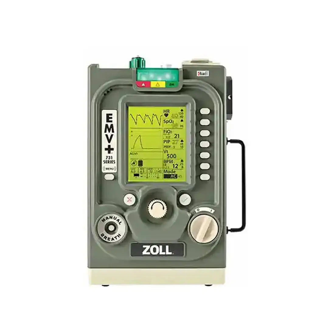 A ZOLL Medical Portable olive green ventilator for military and civilian transport with a black handle on the right.