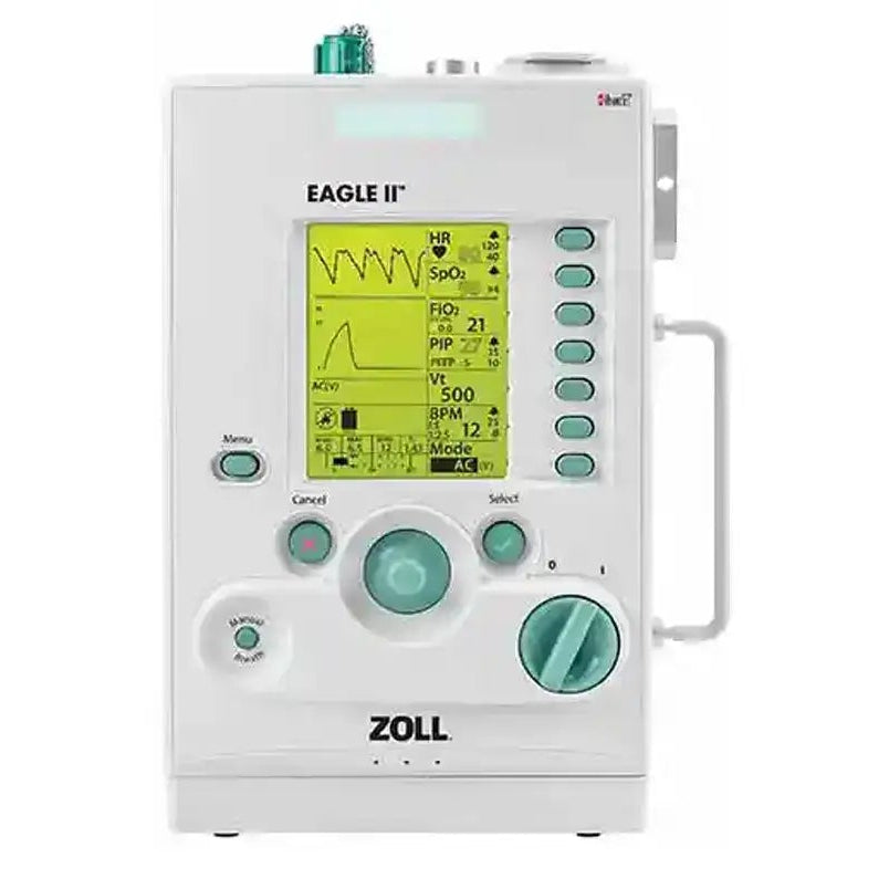 A white ZOLL Medical ventilator with a white handle on the right.