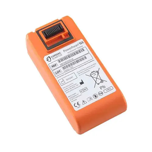 A ZOLL orange battery pack with label for powerheart g5 aed  on a white background.