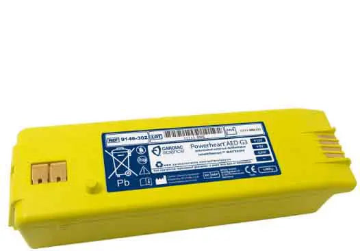 A ZOLL Medical yellow rectangle intellisense battery for powerheart g3 defibrillator.