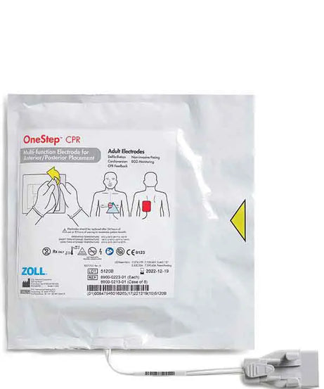 OneStep CPR electrode package with ZOLL branding on a white background with a cable ending in a grey connector.