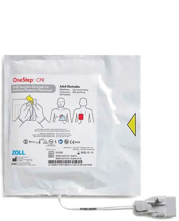 OneStep CPR electrode package with ZOLL branding on a white background with a cable ending in a grey connector.