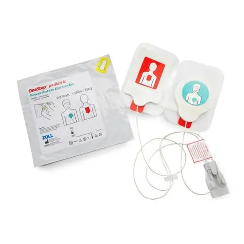 AED electrode pads with packaging on a white background.
