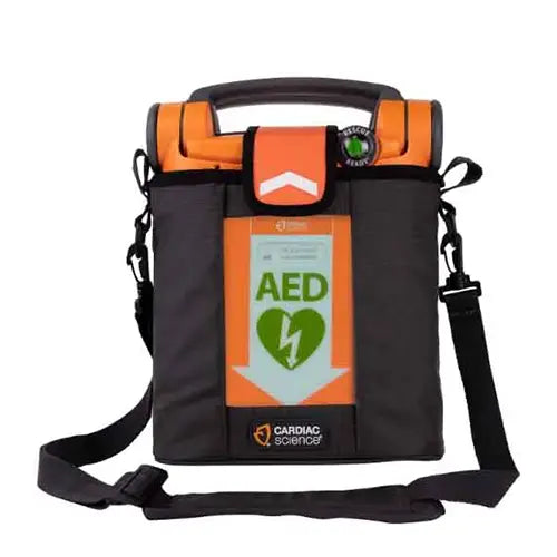 Black and orange carrying case for AED G5 with visible branding on a white background.