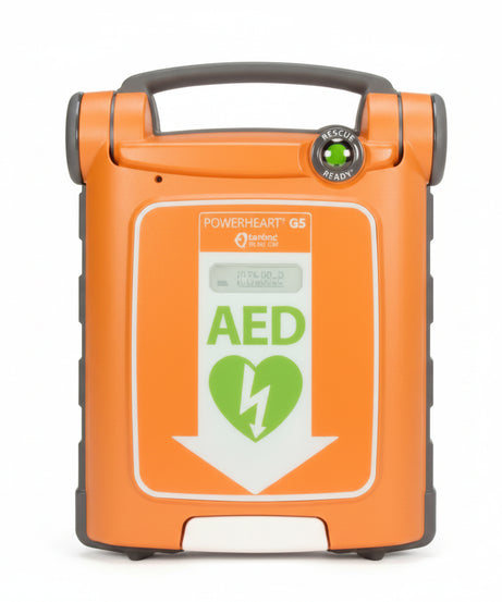 A ZOLL Medical G5 Powerheart orange defibrillator.