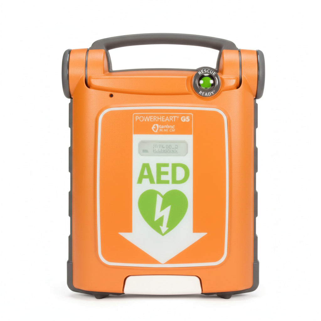 A ZOLL Medical G5 Powerheart orange defibrillator.