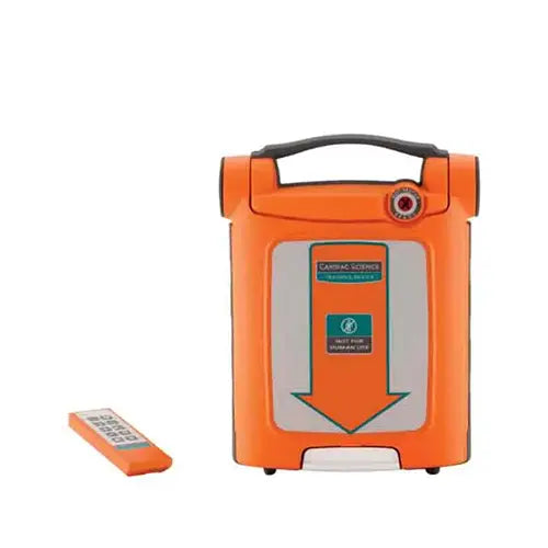 An orange aed from ZOLL  with a remote control on a white background