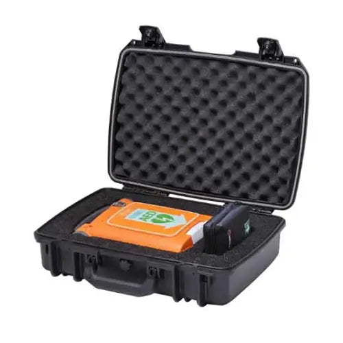 Black hard-shell protective case with foam lining containing an orange device (G5) on a white background