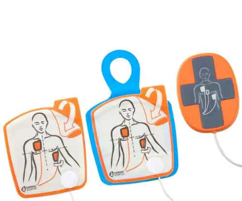 Three AED (Automated External Defibrillator) electrodes with instructional diagrams. 