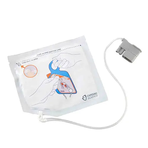 Cardiac Science AED electrode pad with cable and a grey connector on a white background.