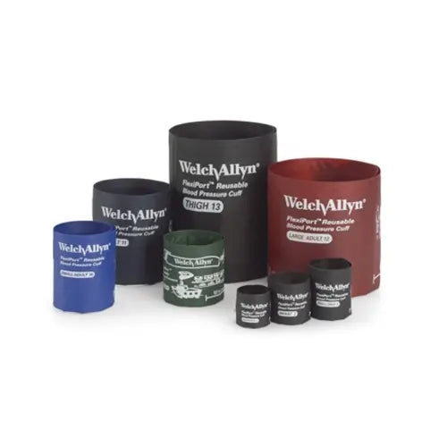 Set of Welch Allyn pressure cuffs with different colors like black, red, green and blue on a white background