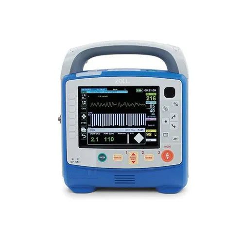 A Zoll portable medical monitor with a blue and gray body, featuring a large color screen displaying vital signs and control buttons on the front.