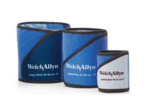 Three blue cuffs with Welch Allyn branding on a white background