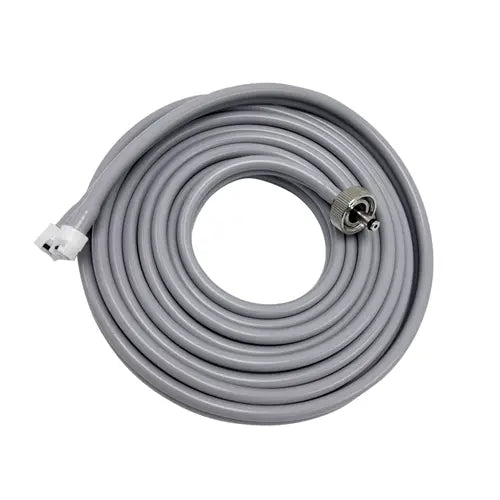 Coiled gray hose for R series Defibrillator on a white background.