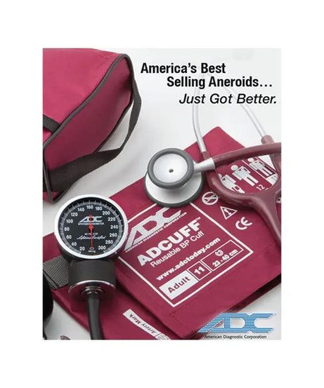 An advertisement-style product photo showing a blood pressure monitor set with a burgundy cuff, gauge, tubing, and stethoscope on a white background, plus the text 'America's Best Selling Aneroids.