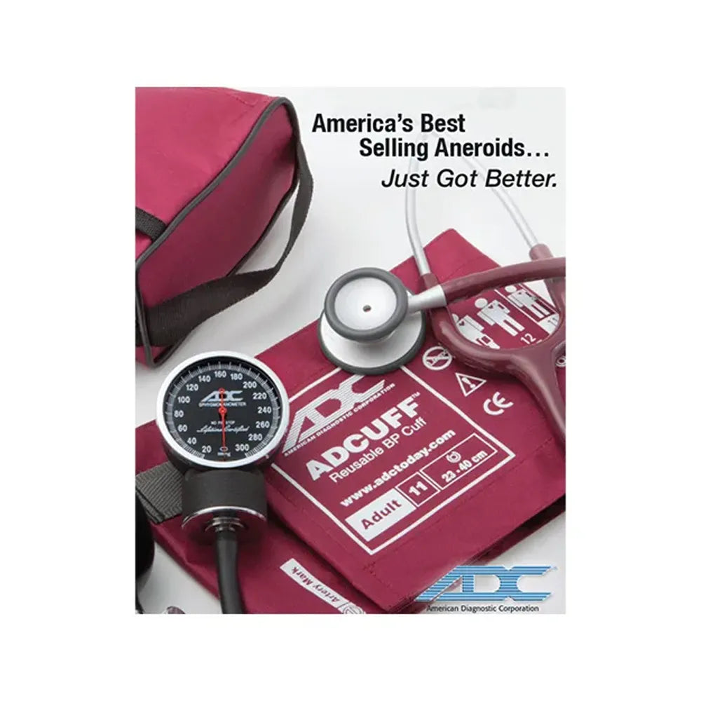 An advertisement-style product photo showing a blood pressure monitor set with a burgundy cuff, gauge, tubing, and stethoscope on a white background, plus the text 'America's Best Selling Aneroids.