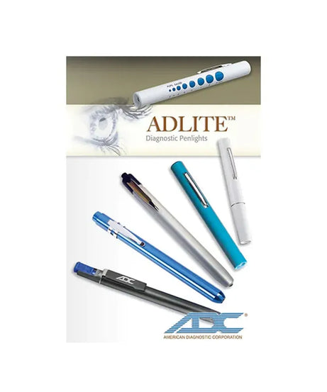 ADLITE Diagnostic Penlights product display featuring several pen-style diagnostic tools in blue, white, and silver, with the brand name ADLITE and a logo at the bottom.
