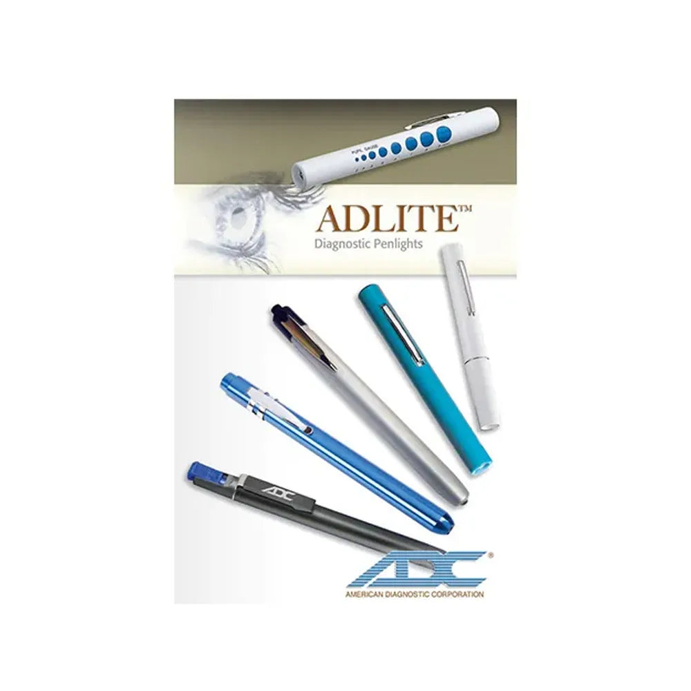 ADLITE Diagnostic Penlights product display featuring several pen-style diagnostic tools in blue, white, and silver, with the brand name ADLITE and a logo at the bottom.