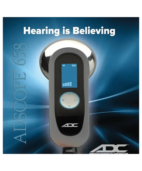 An ADC ADSCOPE 658 hearing test device shown against a blue promotional background with the text 'Hearing is Believing' and 'ADSCOPE 658'.