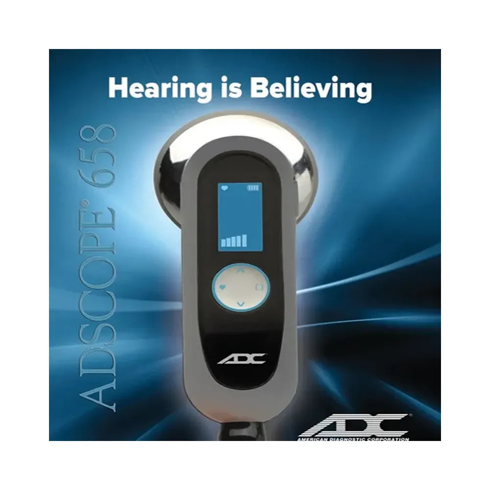 An ADC ADSCOPE 658 hearing test device shown against a blue promotional background with the text 'Hearing is Believing' and 'ADSCOPE 658'.