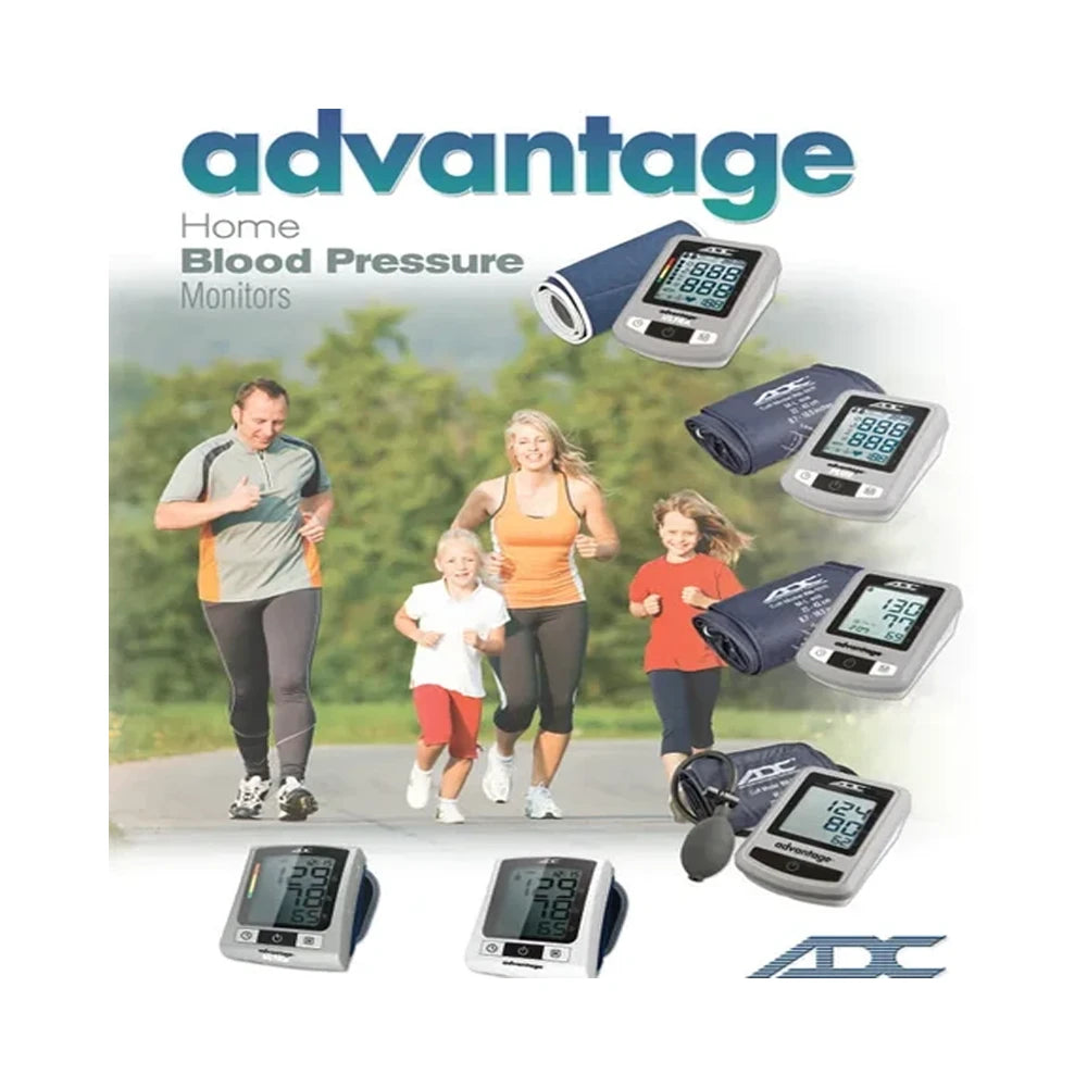 Home blood pressure monitors by ADC Advantage, shown with multiple wrist monitors and rolled cuffs on a white background, alongside a lifestyle photo of a family jogging outdoors.