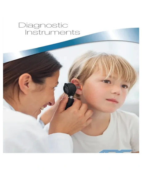 A child undergoing an ear examination with a doctor using an otoscope. The photo is framed within a white square that includes the text 'Diagnostic Instruments' and a blue curved graphic accent at the top.