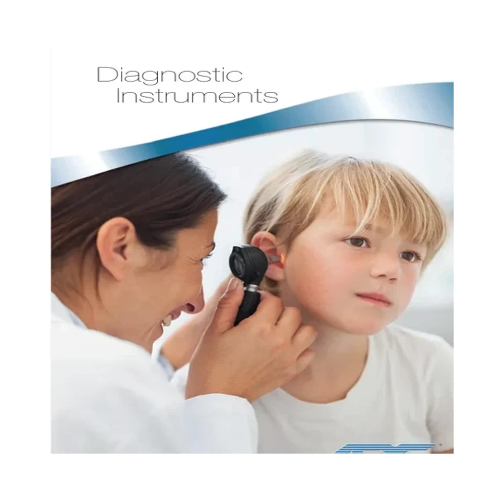 A child undergoing an ear examination with a doctor using an otoscope. The photo is framed within a white square that includes the text 'Diagnostic Instruments' and a blue curved graphic accent at the top.