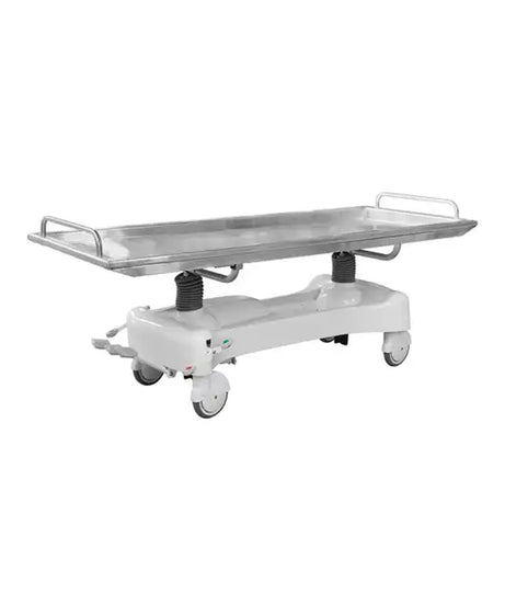 An electric hospital gurney with a white wheeled base, adjustable height mechanism, and a stainless steel patient tray with side rails, shown on a solid white background.
