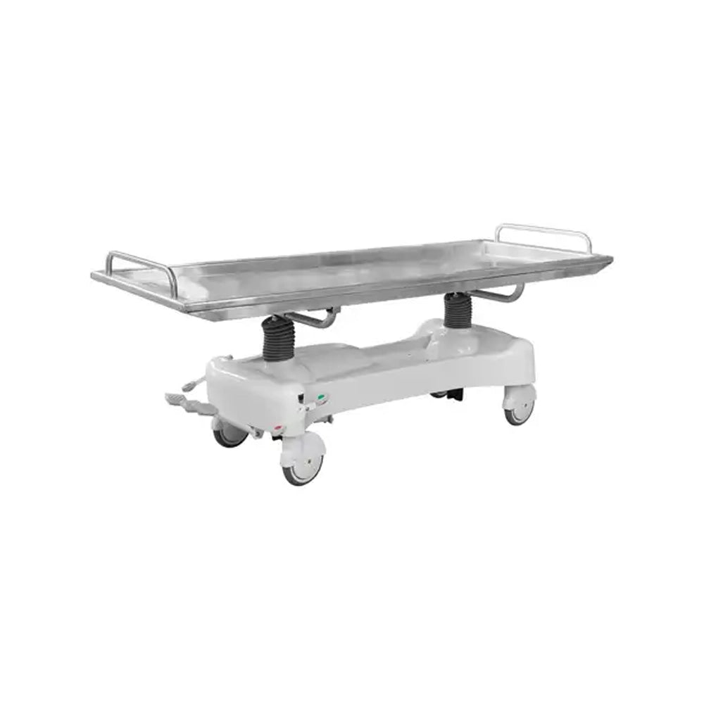 An electric hospital gurney with a white wheeled base, adjustable height mechanism, and a stainless steel patient tray with side rails, shown on a solid white background.