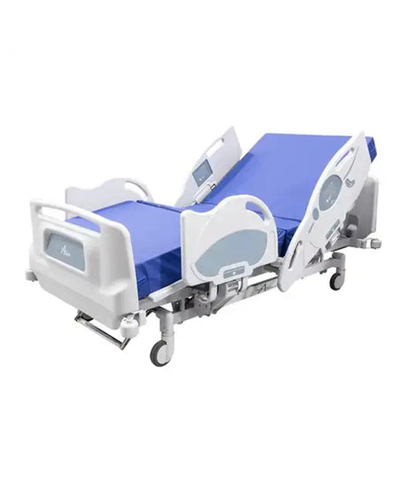 An adjustable hospital bed with a blue mattress and white metal frame, shown on a plain white background.